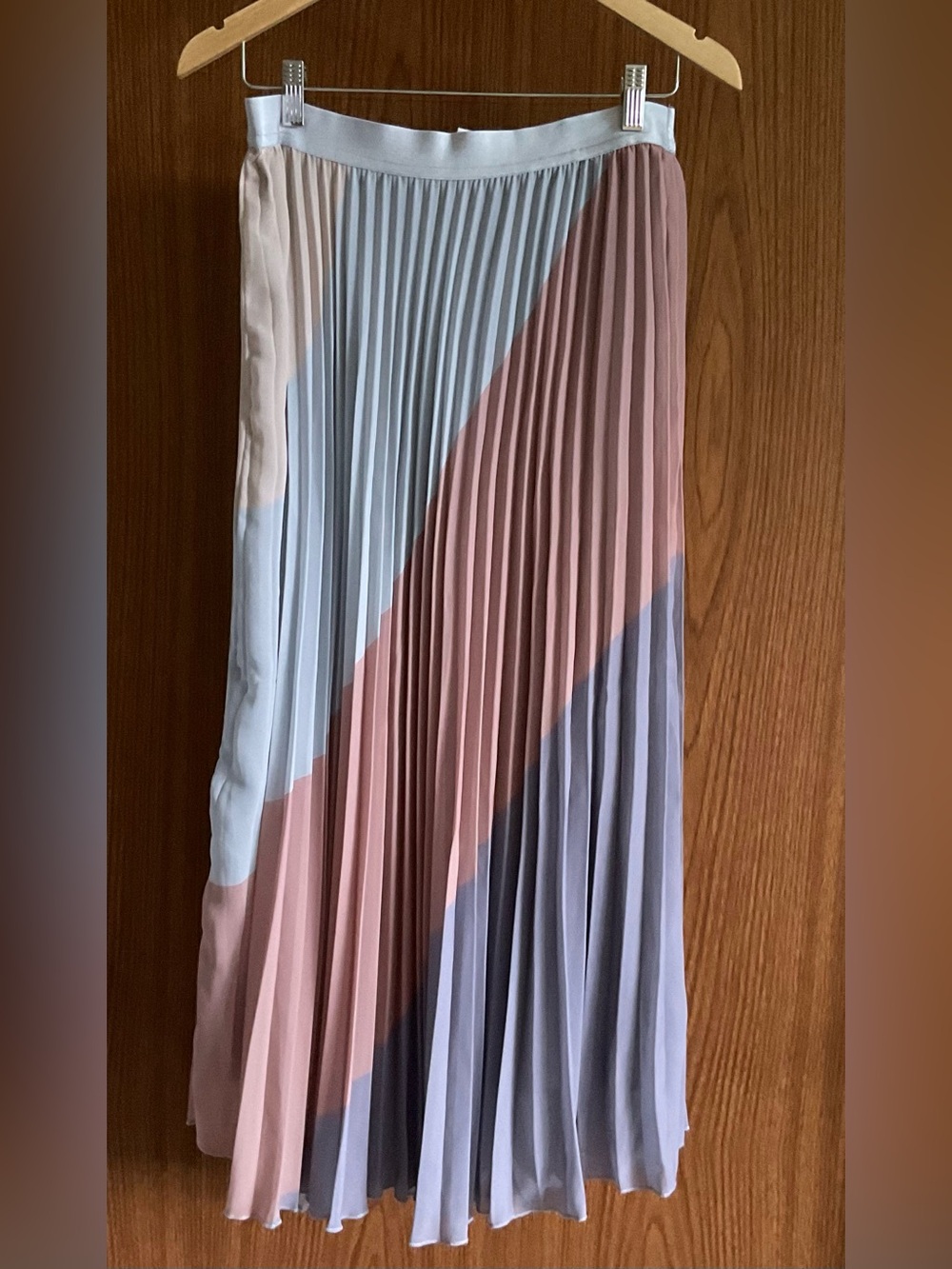 WD.NY Pleated Colorblock Midi Skirt in Blush Pink, Light Blue & Lavender